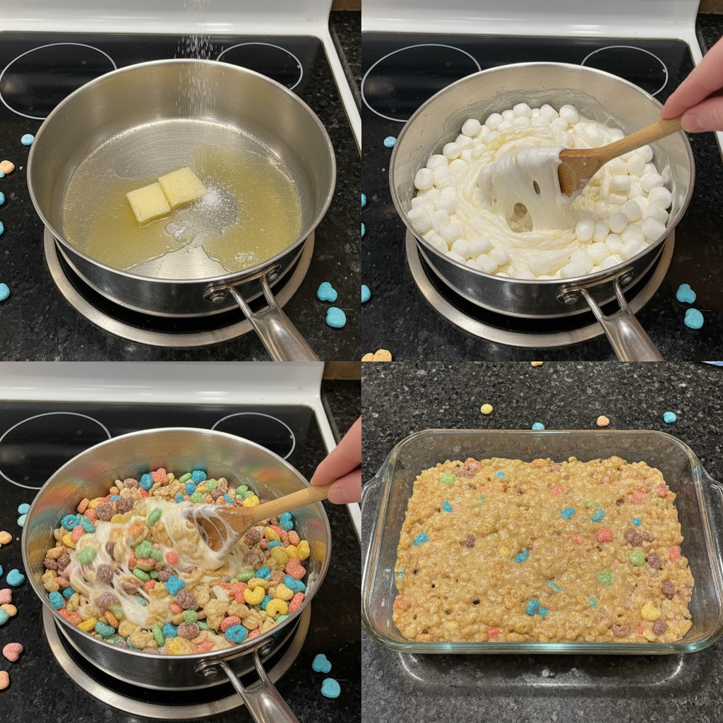 Hands pressing the gooey Lucky Charms Rice Crispy Treats Recipe mixture into a baking pan, showing the vibrant marshmallows.
