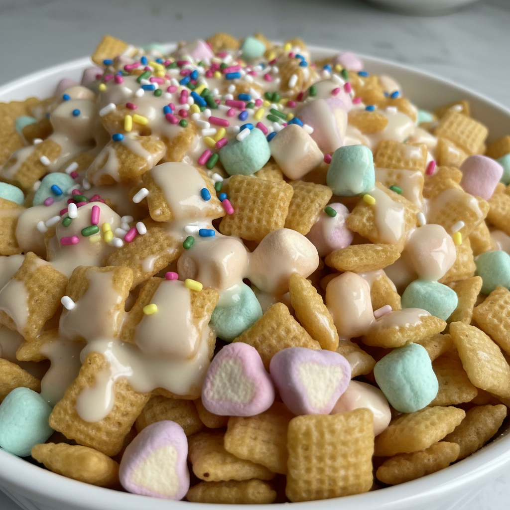 A vibrant bowl of Lucky Charms Snack Mix Recipe, featuring colorful marshmallows, pretzels, and cereal pieces, ready to be enjoyed.