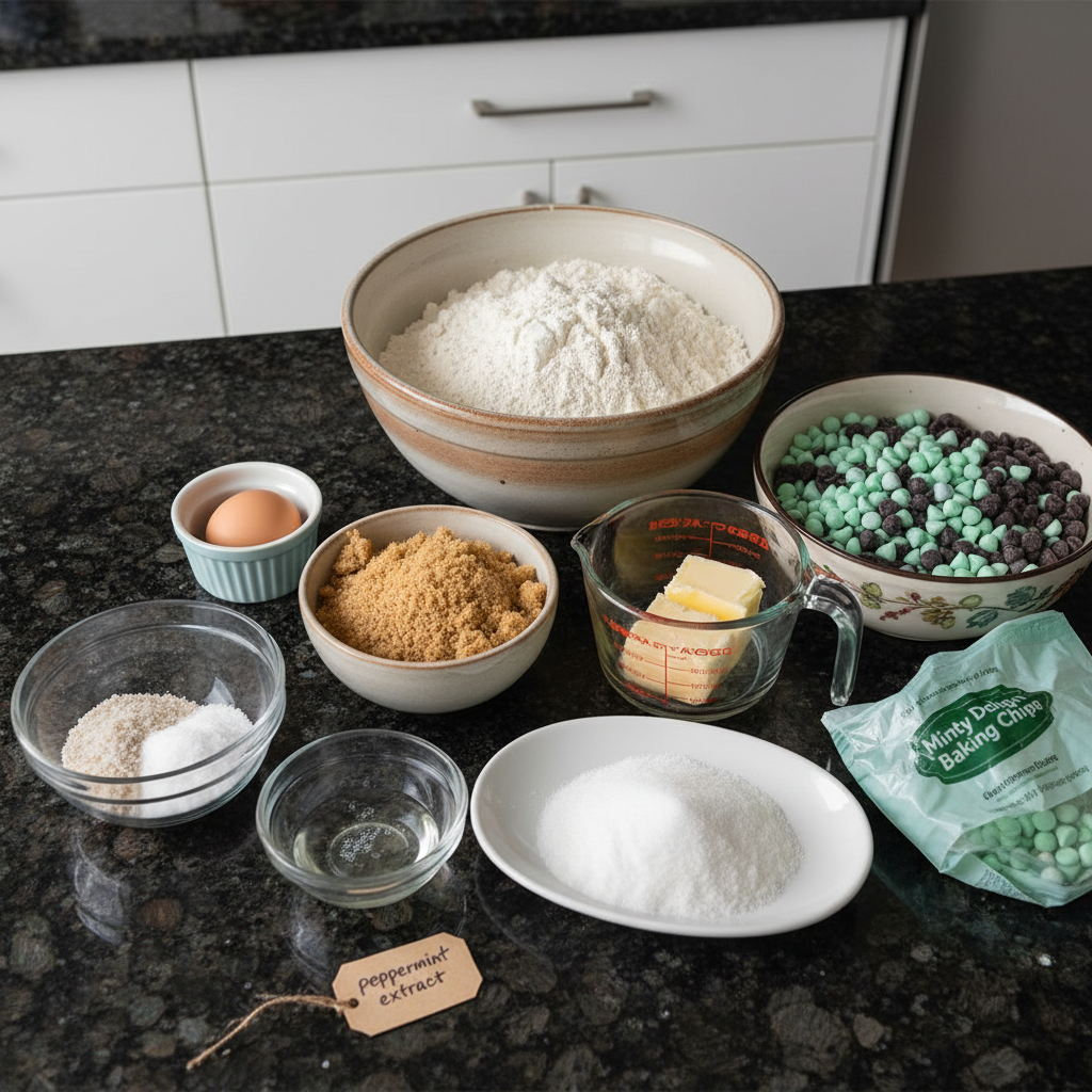 Various ingredients for delicious mint chocolate chip cookies laid out on a rustic wooden surface.