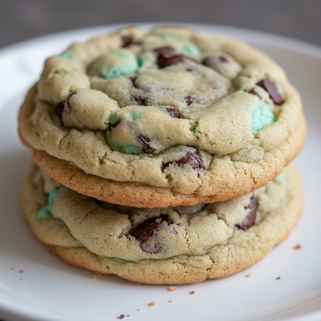 A stack of freshly baked mint chocolate chip cookies with a hint of green, ready to be enjoyed.