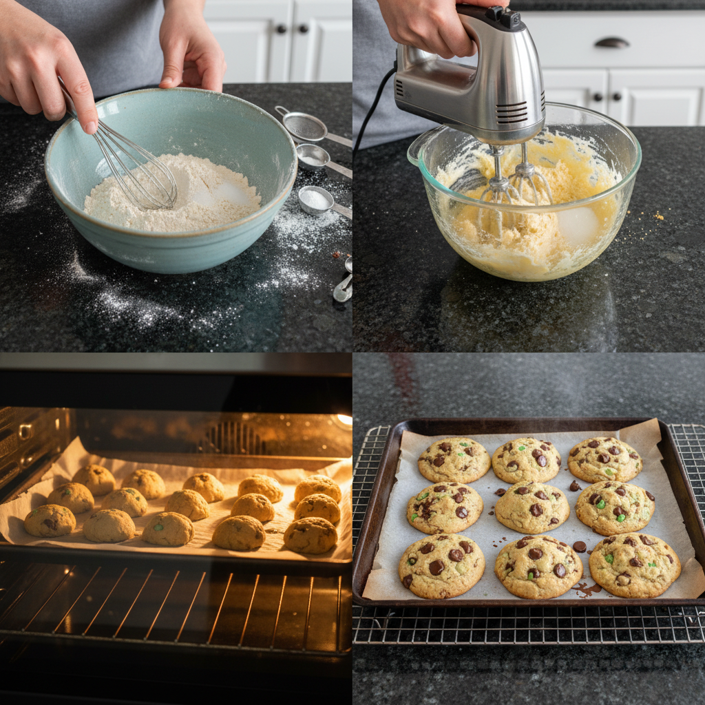 Green cookie dough being scooped onto a baking sheet, preparing mint chocolate chip cookies for the oven.