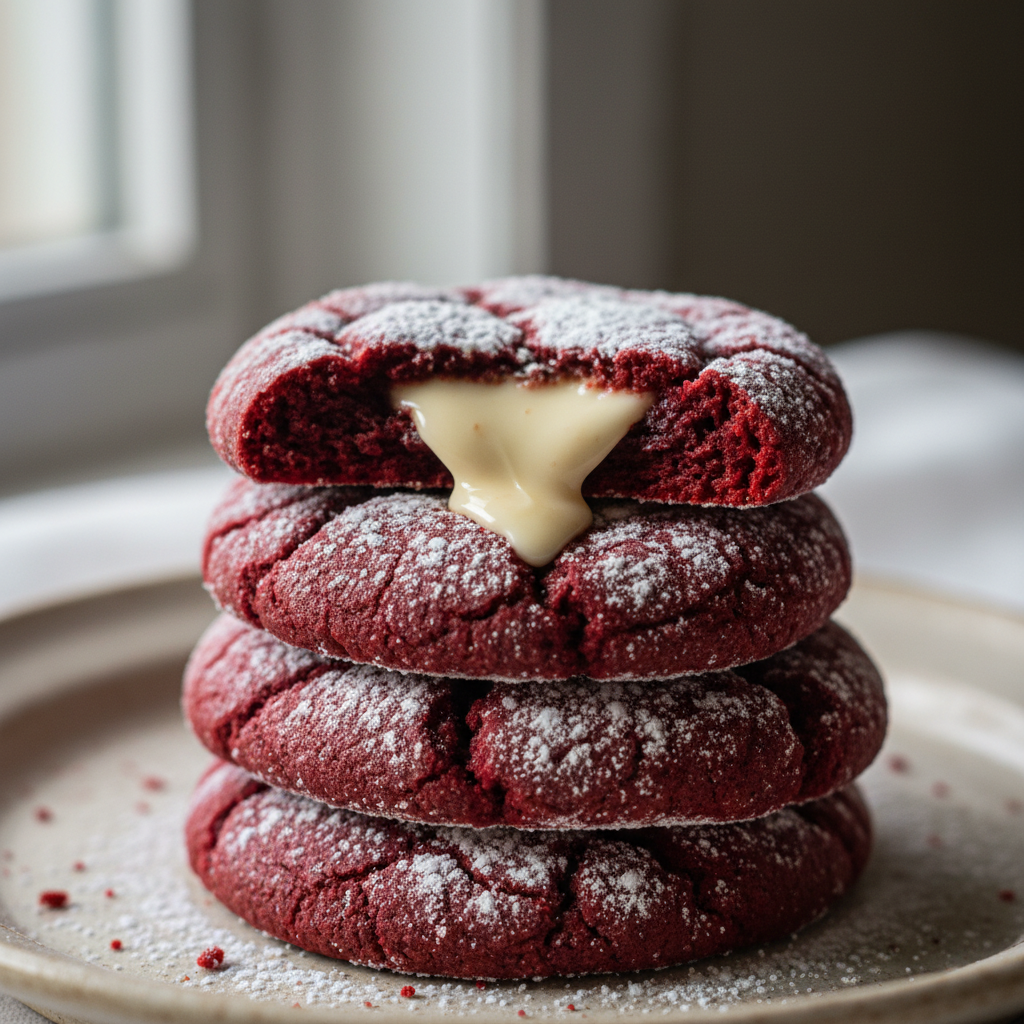 A close-up shot of several Mouthwatering Valentine'S Day Red Velvet Cookies, perfectly baked with a vibrant red color and white chocolate drizzle.