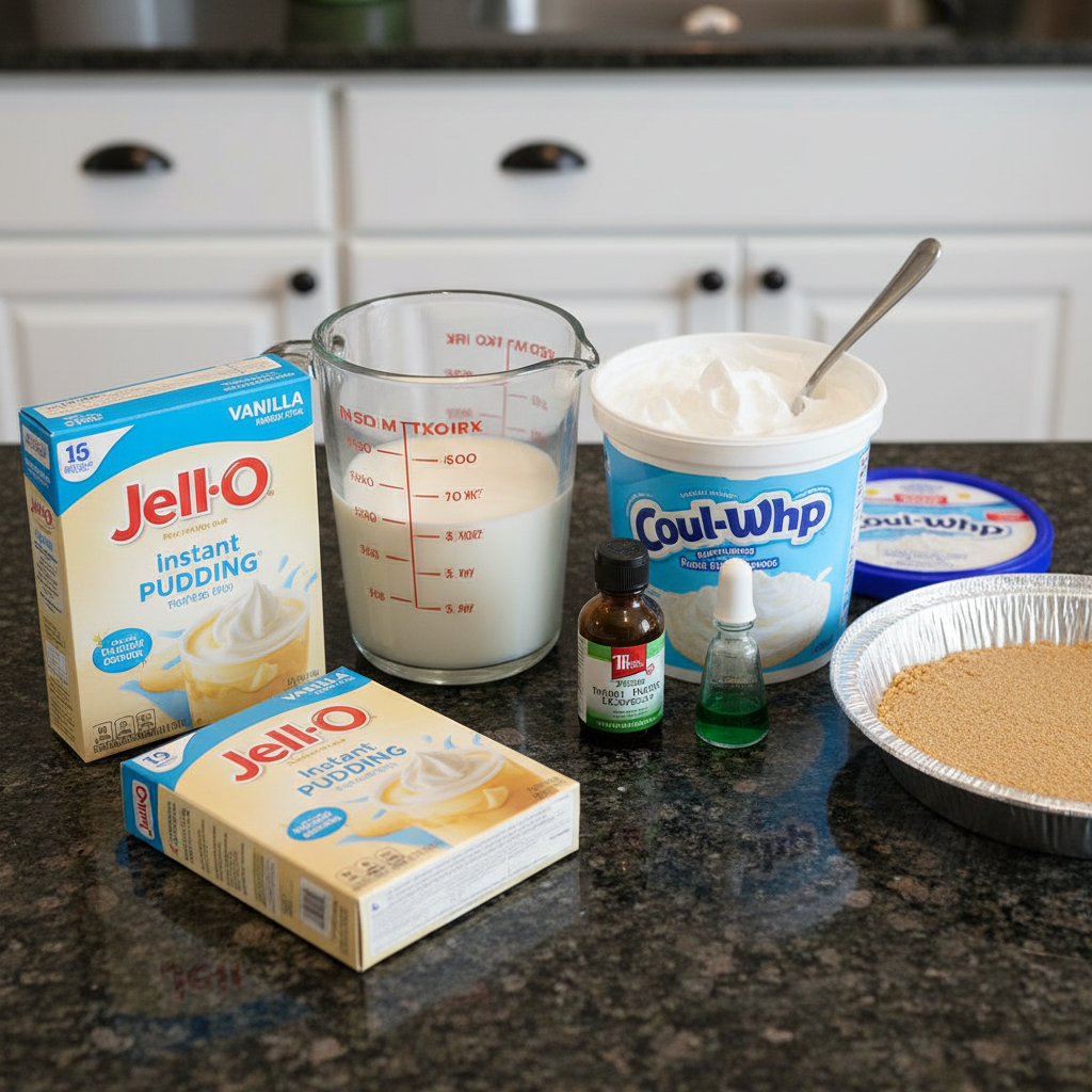 Assorted ingredients for a No Bake Shamrock Shake Pie, including cream cheese, cool whip, mint extract, and an Oreo crust.
