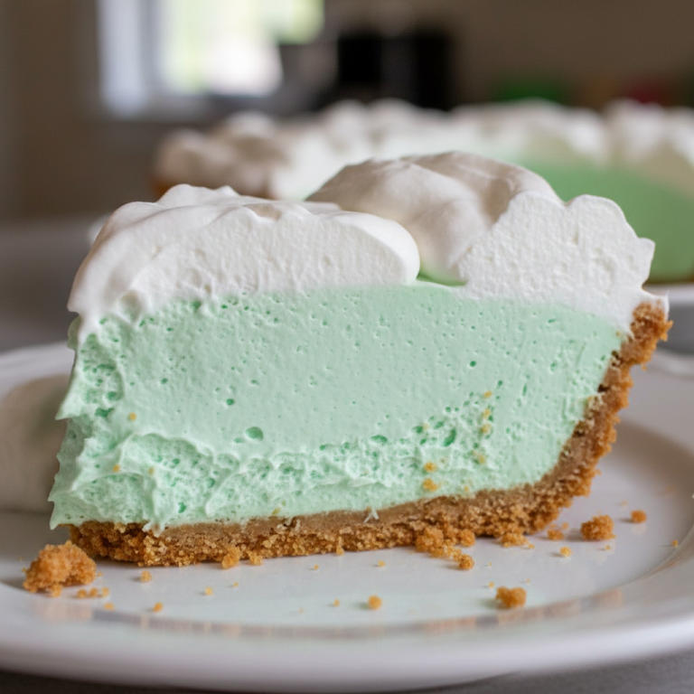 A vibrant green slice of No Bake Shamrock Shake Pie topped with whipped cream, sprinkles, and a cherry, ready to enjoy.