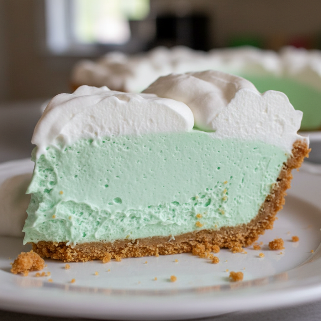 A vibrant green slice of No Bake Shamrock Shake Pie topped with whipped cream, sprinkles, and a cherry, ready to enjoy.