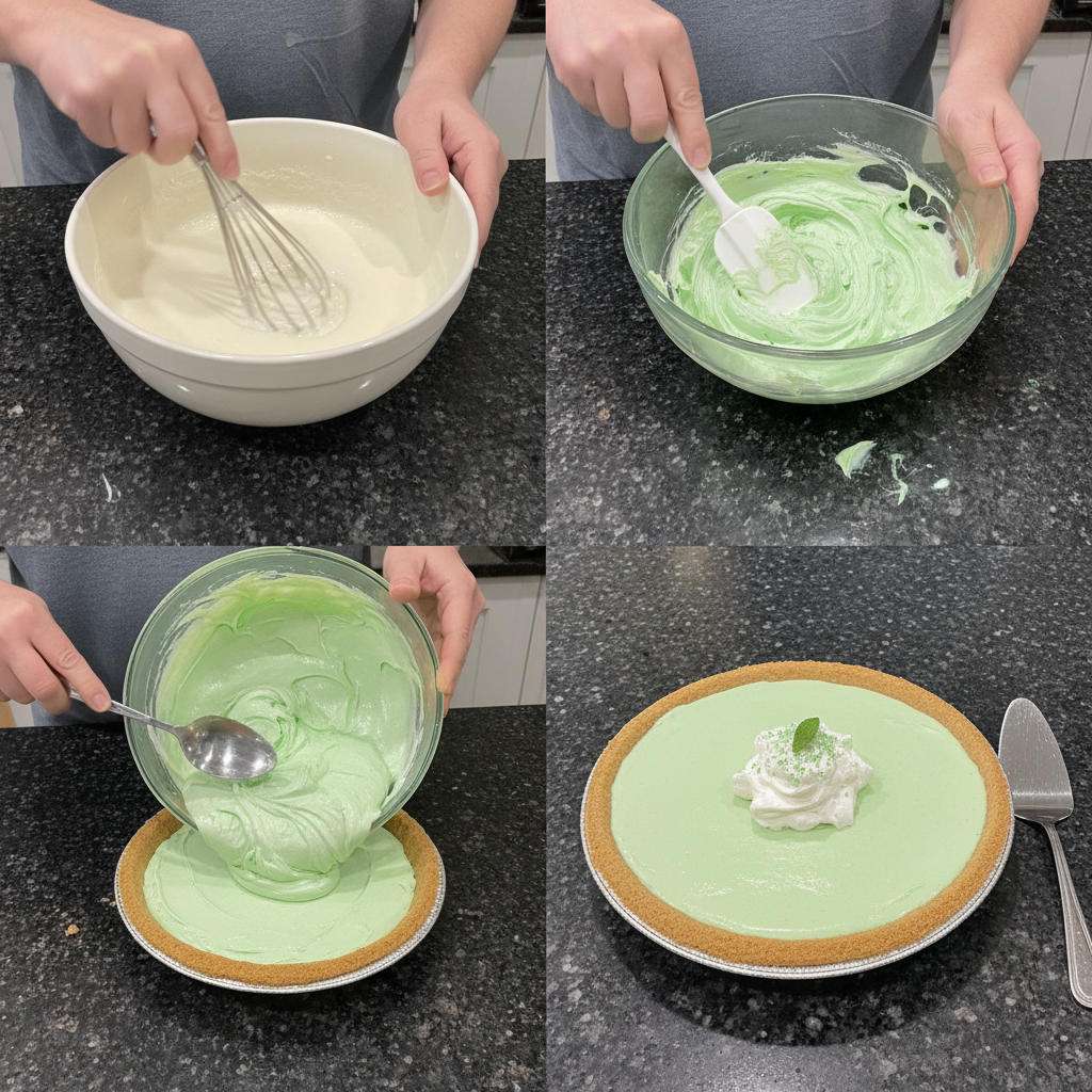 A bowl of vibrant green filling being spooned into an Oreo cookie crust for a No Bake Shamrock Shake Pie, showing the smooth texture.