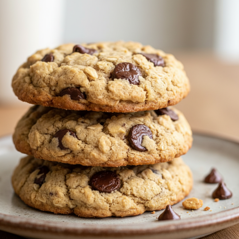 A warm, freshly baked oatmeal chocolate chip cookie recipe, golden brown with melted chocolate chips on a cooling rack.