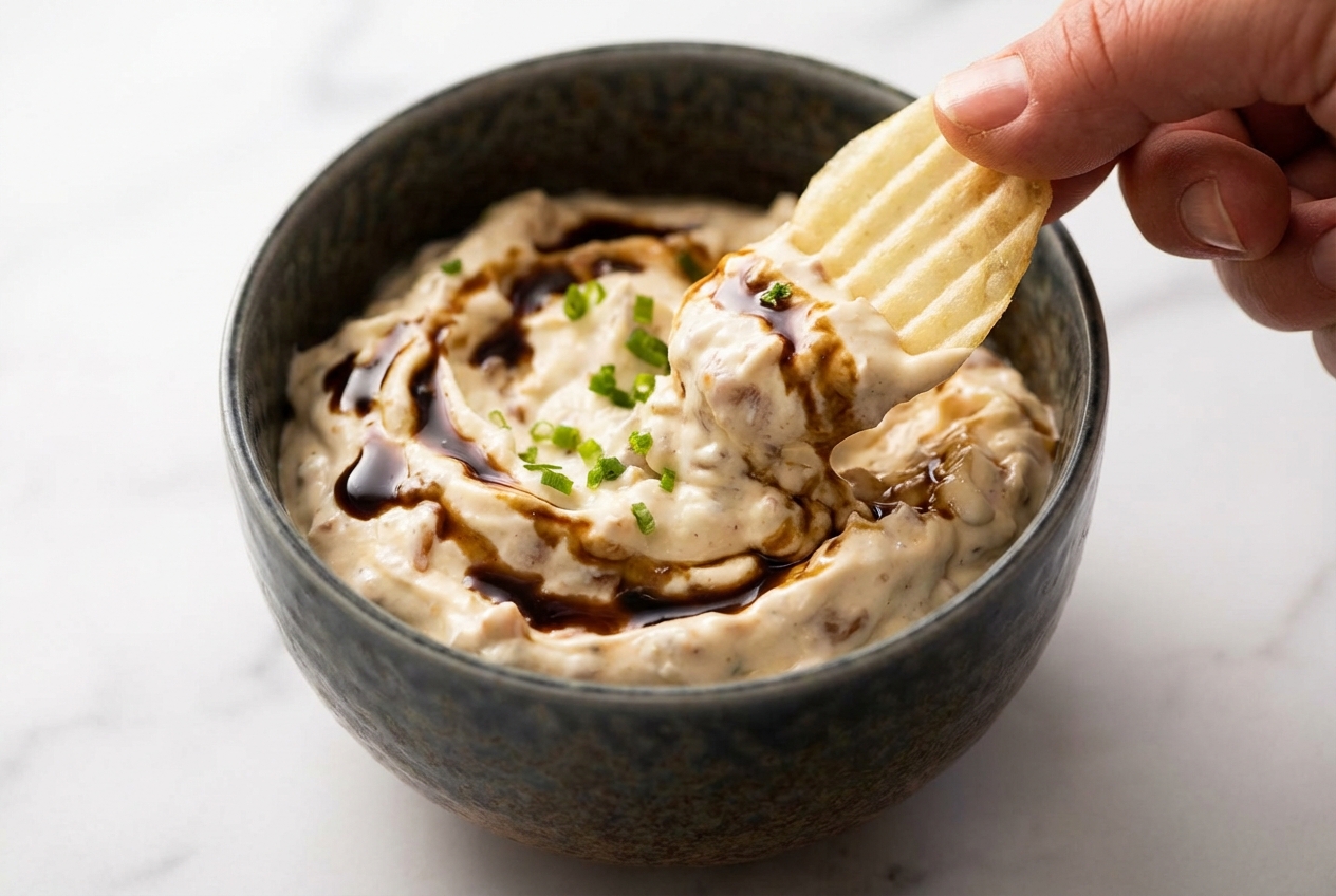 Creamy onion dip with umami-balsamic deglaze in a minimalist ceramic bowl on a white marble surface with soft shadows.