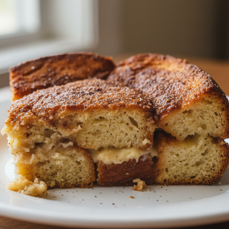A golden-brown overnight french toast casserole with powdered sugar and berries, ready to serve for breakfast.