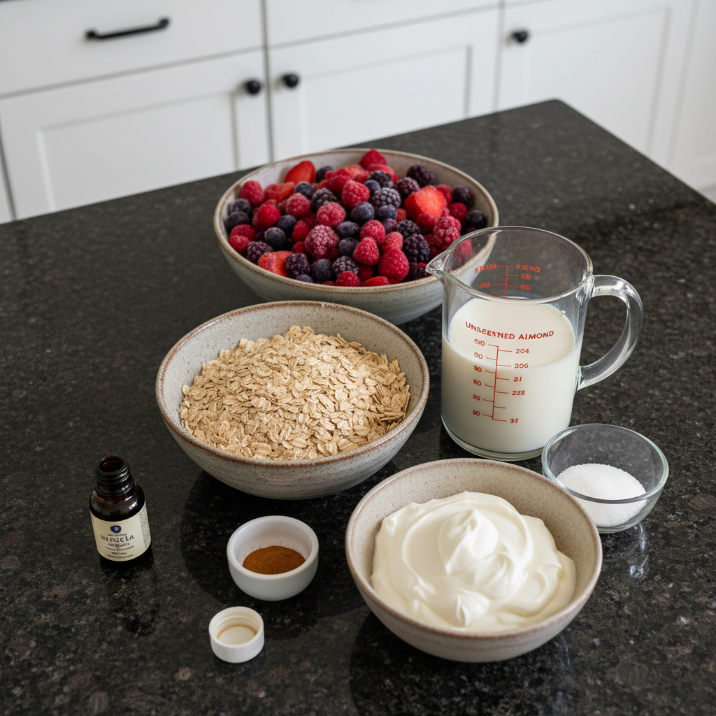 A selection of fresh ingredients including rolled oats, milk, Greek yogurt, mixed berries, and honey for the Overnight Oats Parfait Recipe.