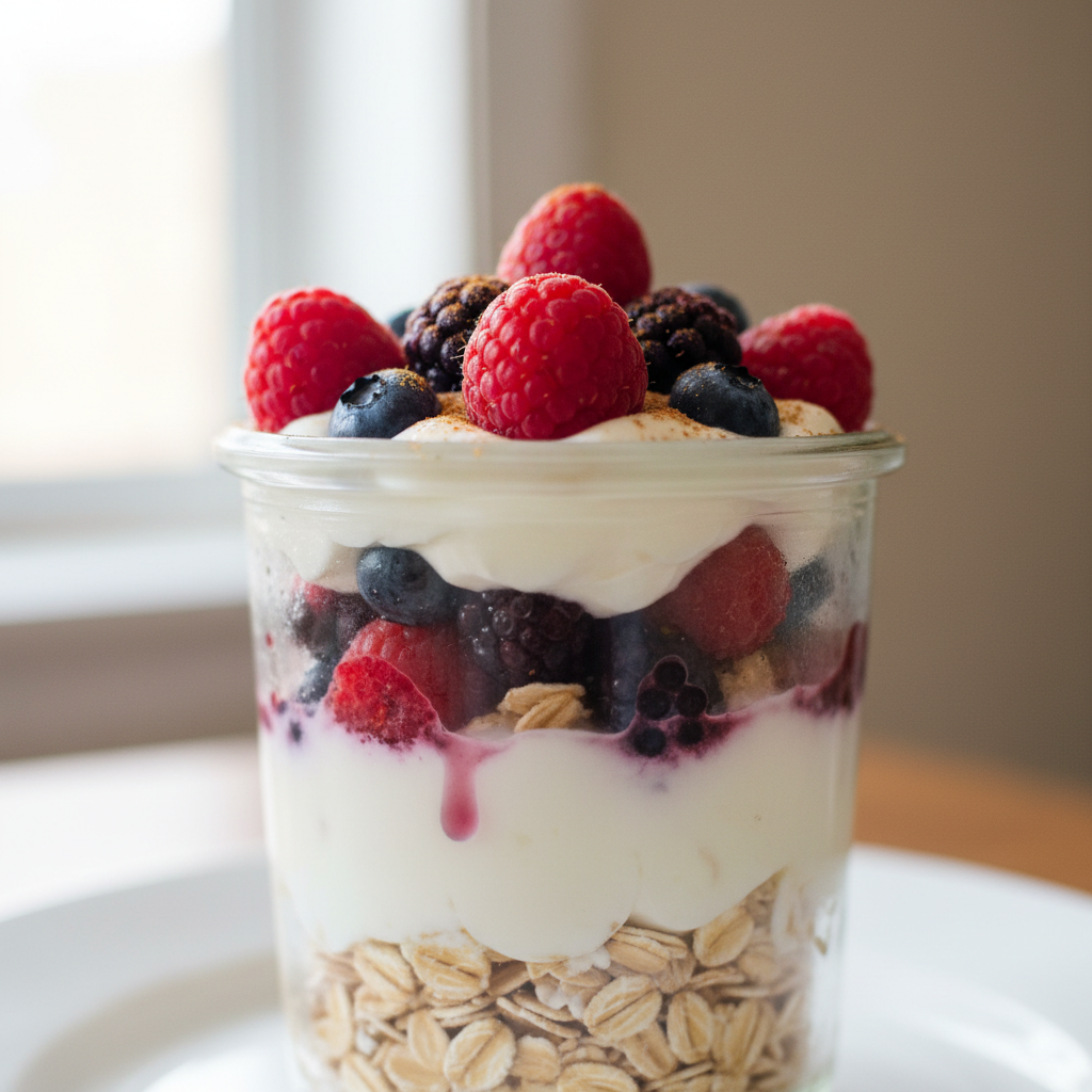 A beautifully layered Overnight Oats Parfait Recipe in a clear glass jar, garnished with fresh raspberries, blueberries, and a mint sprig.