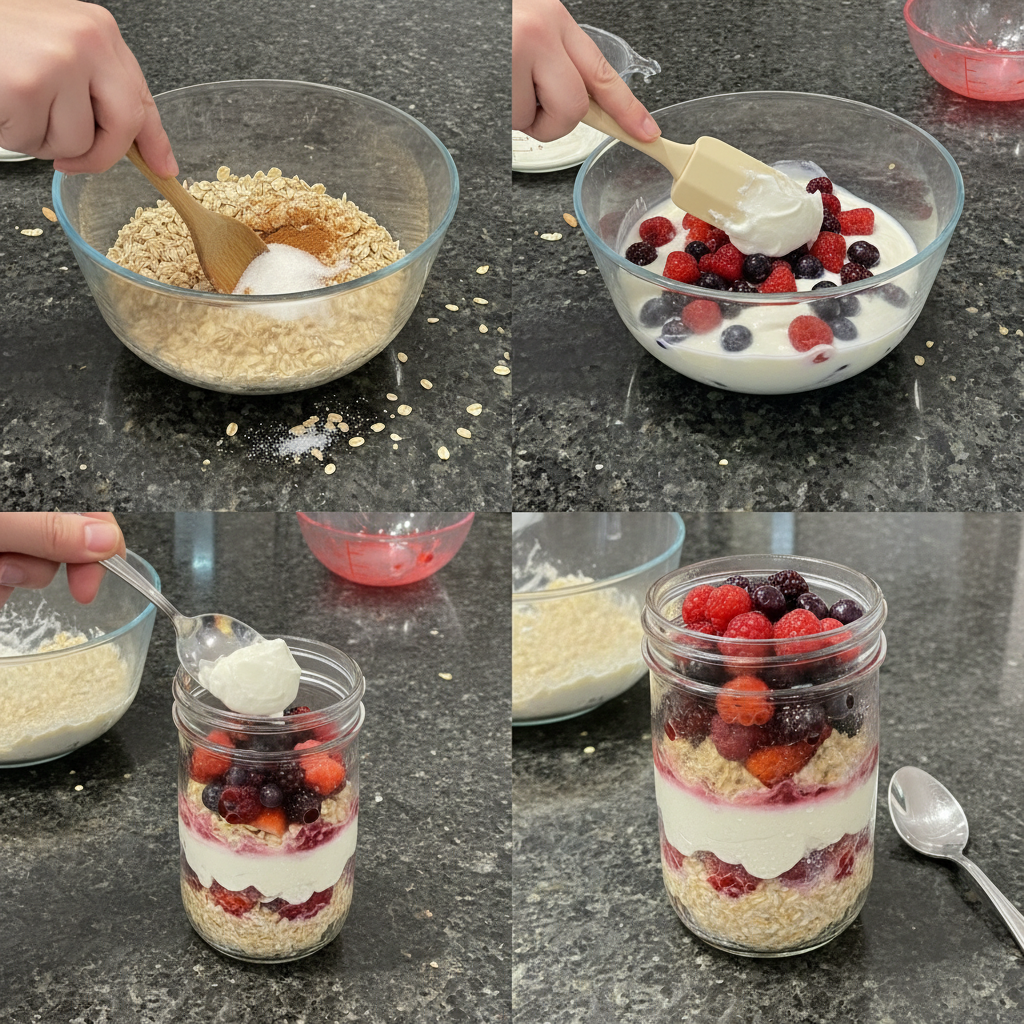 Hands layering oats, yogurt, and fresh berries into a glass jar during the preparation of an Overnight Oats Parfait Recipe.