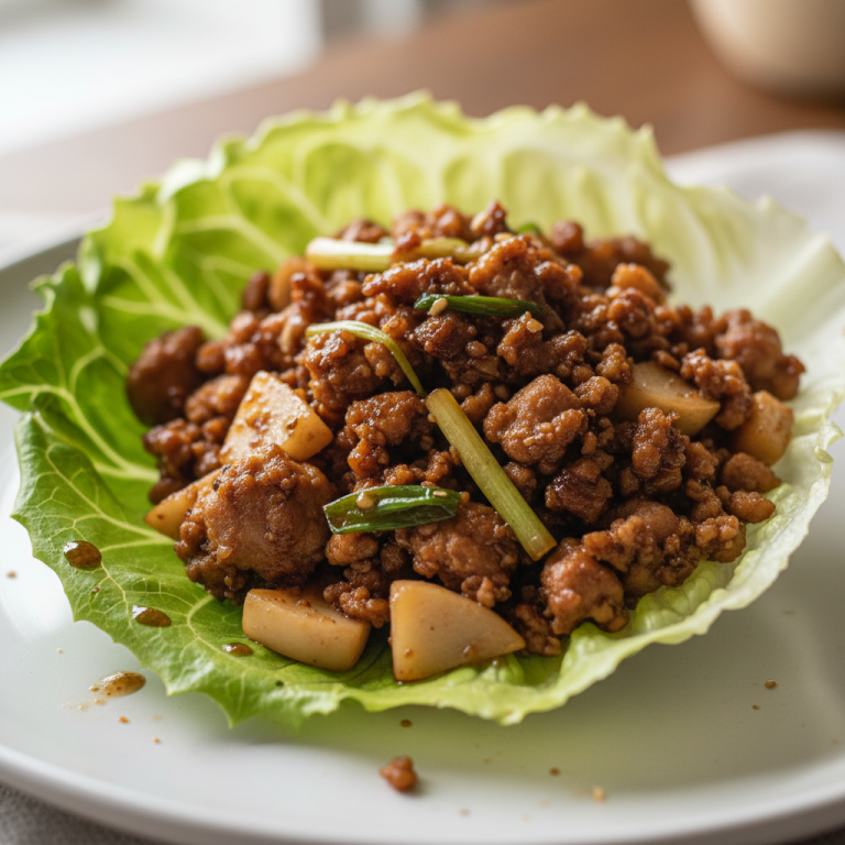 A vibrant platter of savory PF Chang’s Lettuce Wraps, featuring crisp lettuce cups overflowing with flavorful chicken.