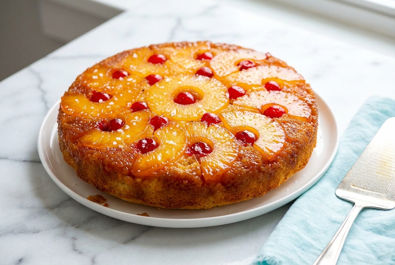 Golden pineapple upside down cake recipe with caramelized brown butter and sea salt flakes on a white marble surface.