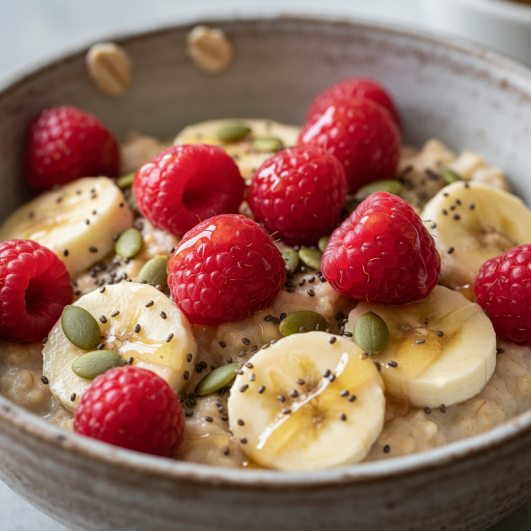 A vibrant bowl of Raspberry Banana Oatmeal Boost topped with fresh berries, sliced bananas, and a drizzle of honey.