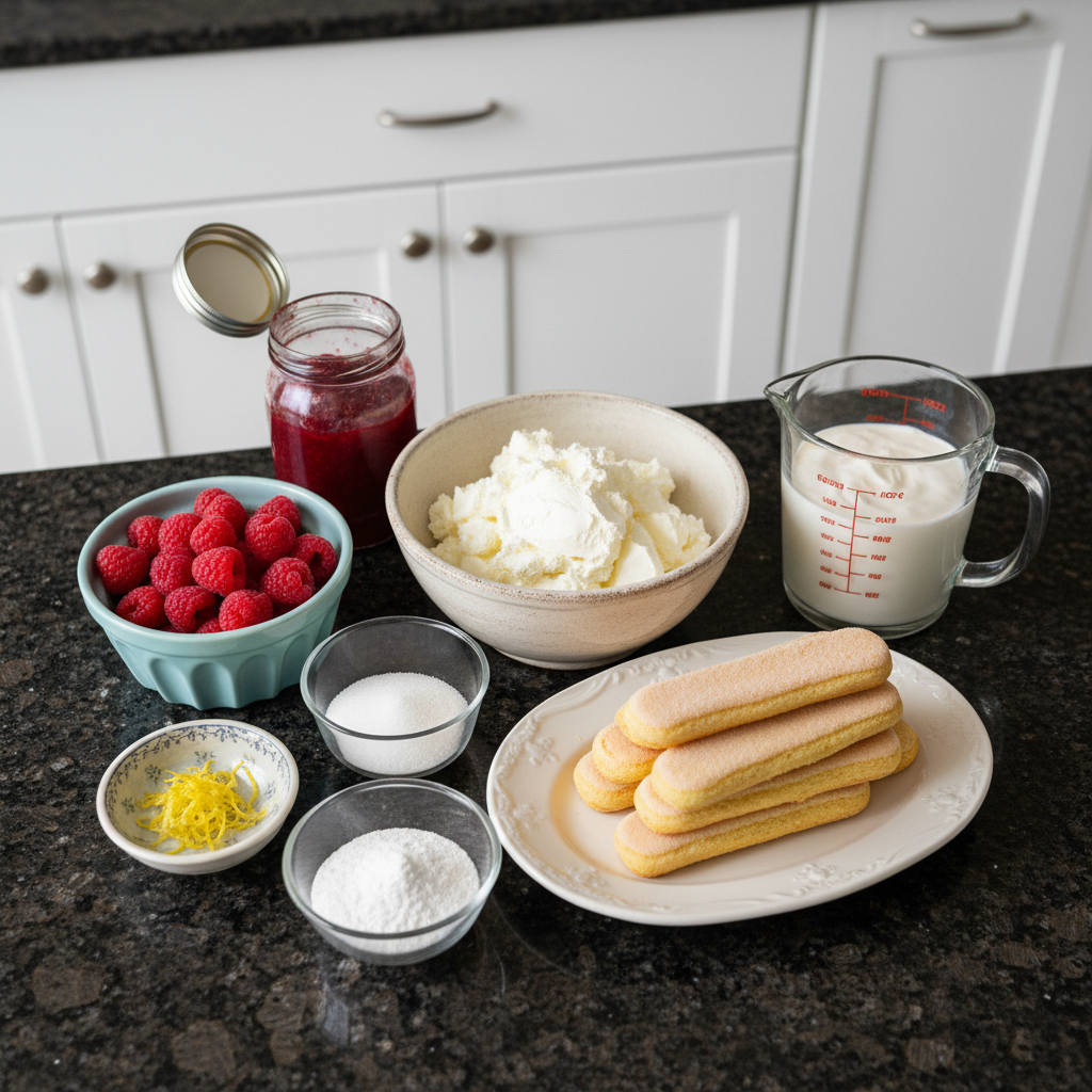 A selection of fresh ingredients laid out, including ripe raspberries, mascarpone cheese, ladyfingers, and sugar, ready for Raspberry tiramisu.