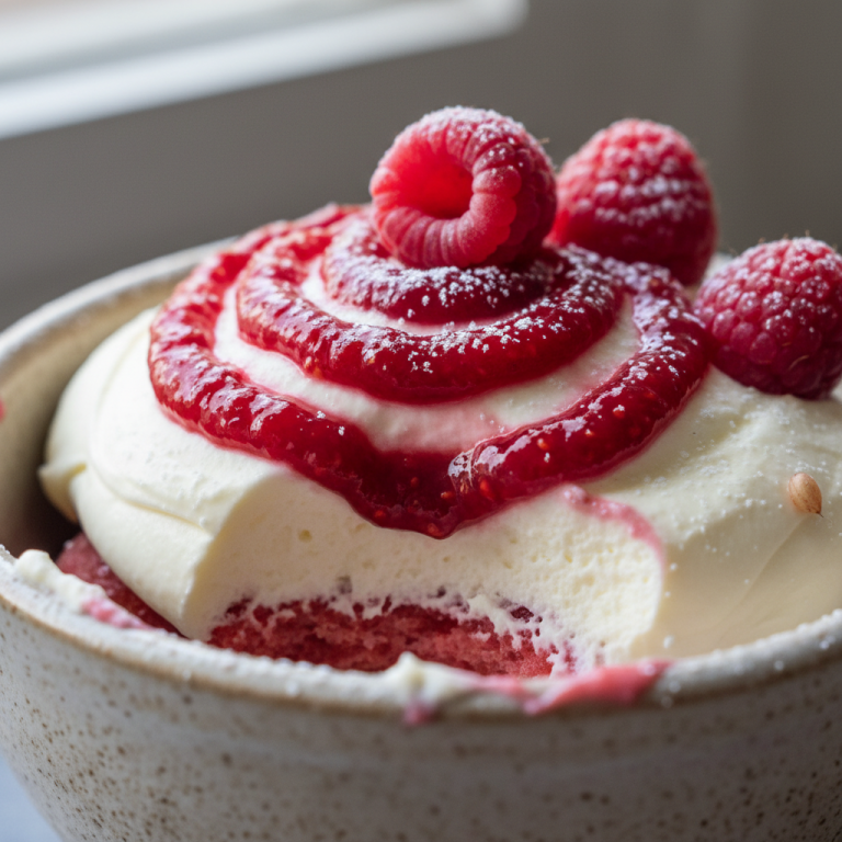 A stunning glass trifle dish filled with layers of creamy mascarpone, fresh raspberries, and ladyfingers, creating a delightful Raspberry tiramisu.