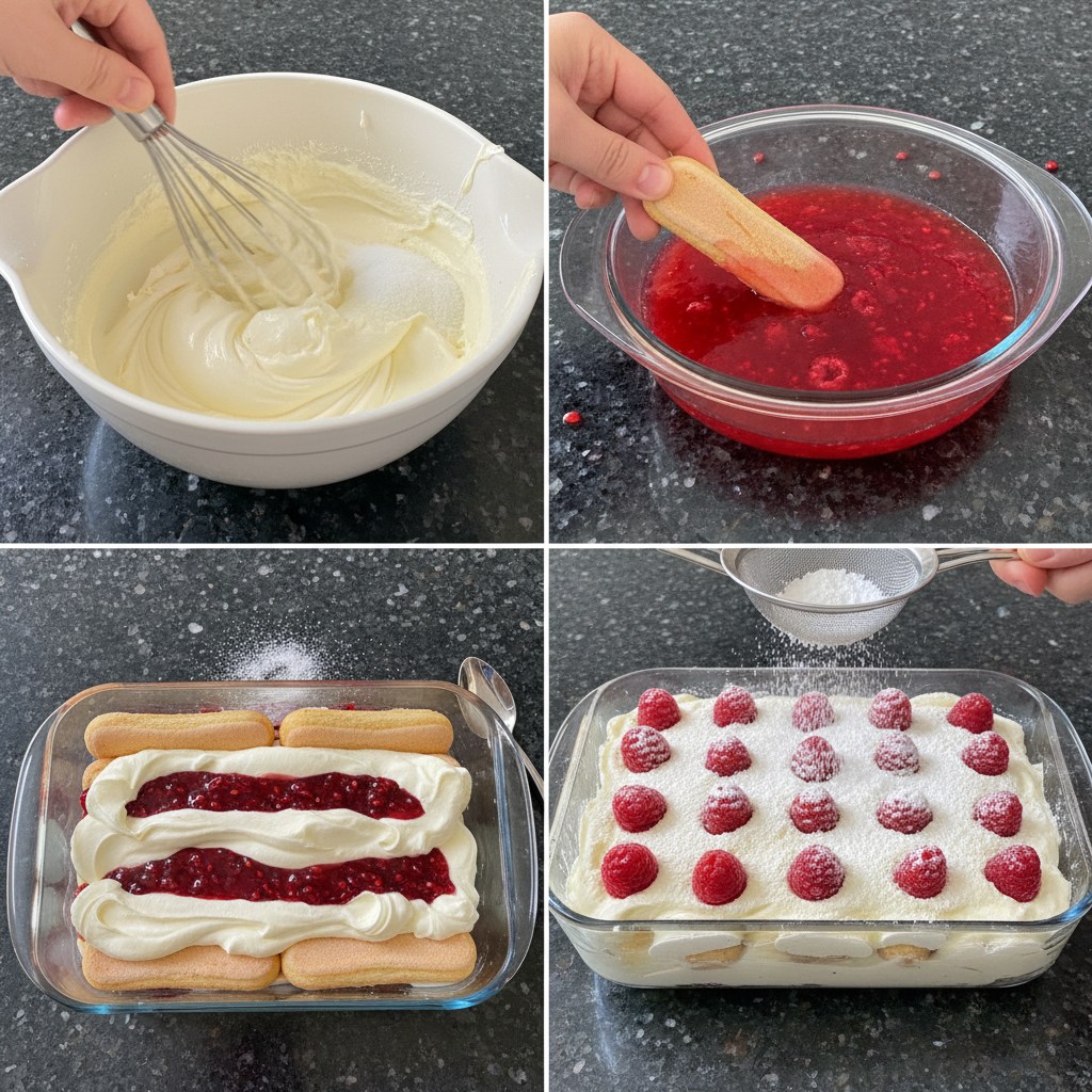 Hands layering mascarpone cream, raspberry sauce, and soaked ladyfingers in a glass dish during the preparation of Raspberry tiramisu.