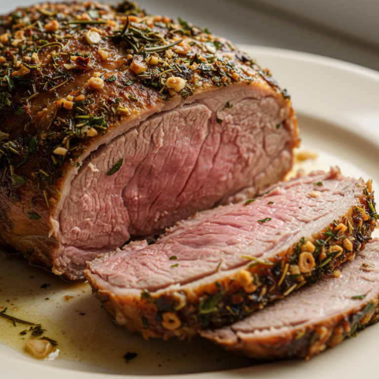 A beautifully cooked, golden brown roasted leg of lamb, garnished with fresh herbs and ready to serve.