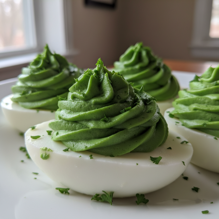 A vibrant plate of green shamrock deviled eggs garnished with fresh chives, ready for a festive celebration.