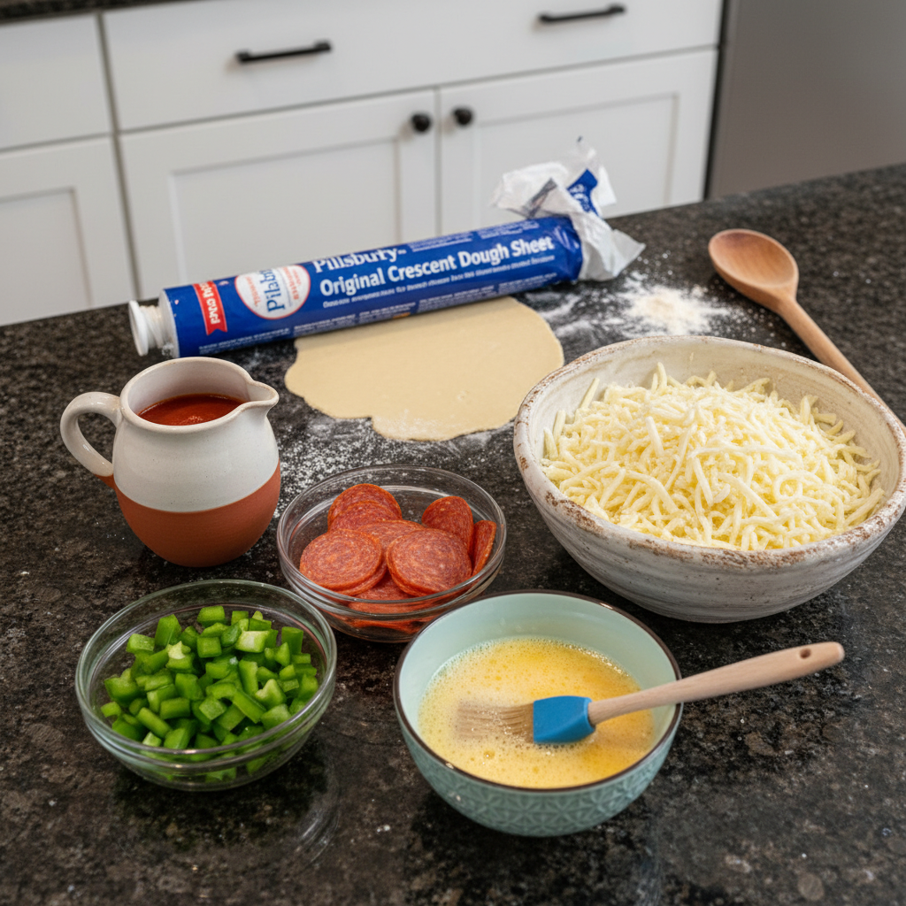 Fresh ingredients for shamrock mini pizza, including pizza dough, green toppings, and cheese.