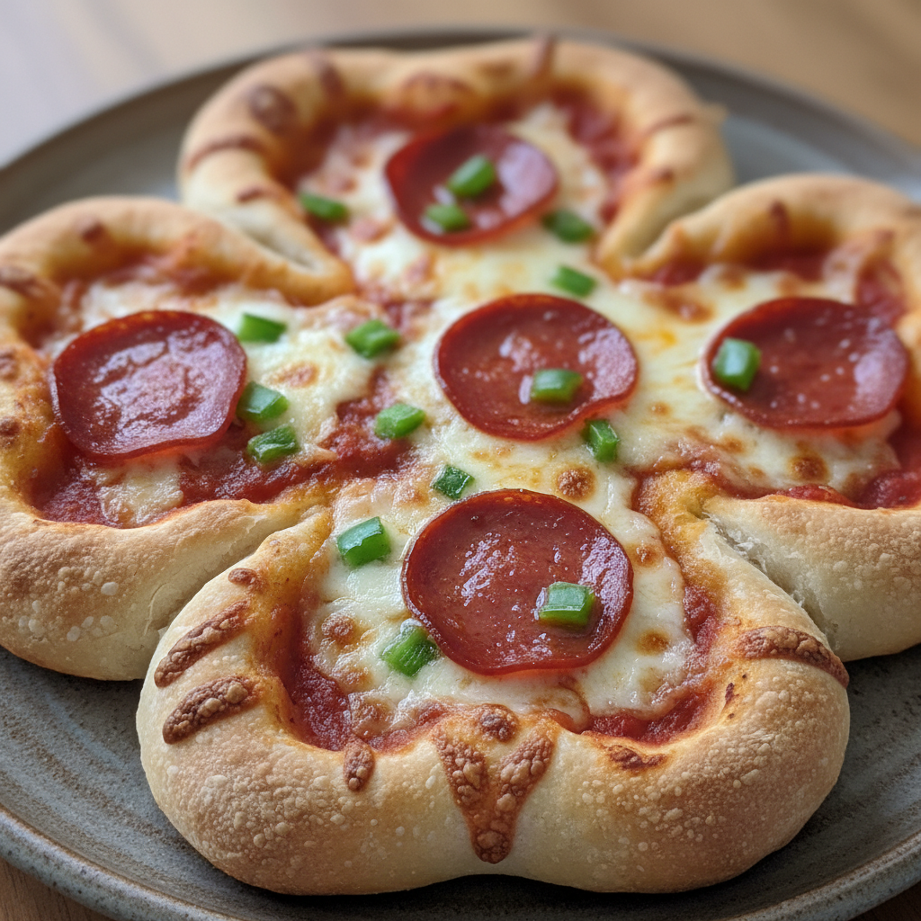 A vibrant green shamrock mini pizza, freshly baked and topped with melted cheese and herbs.