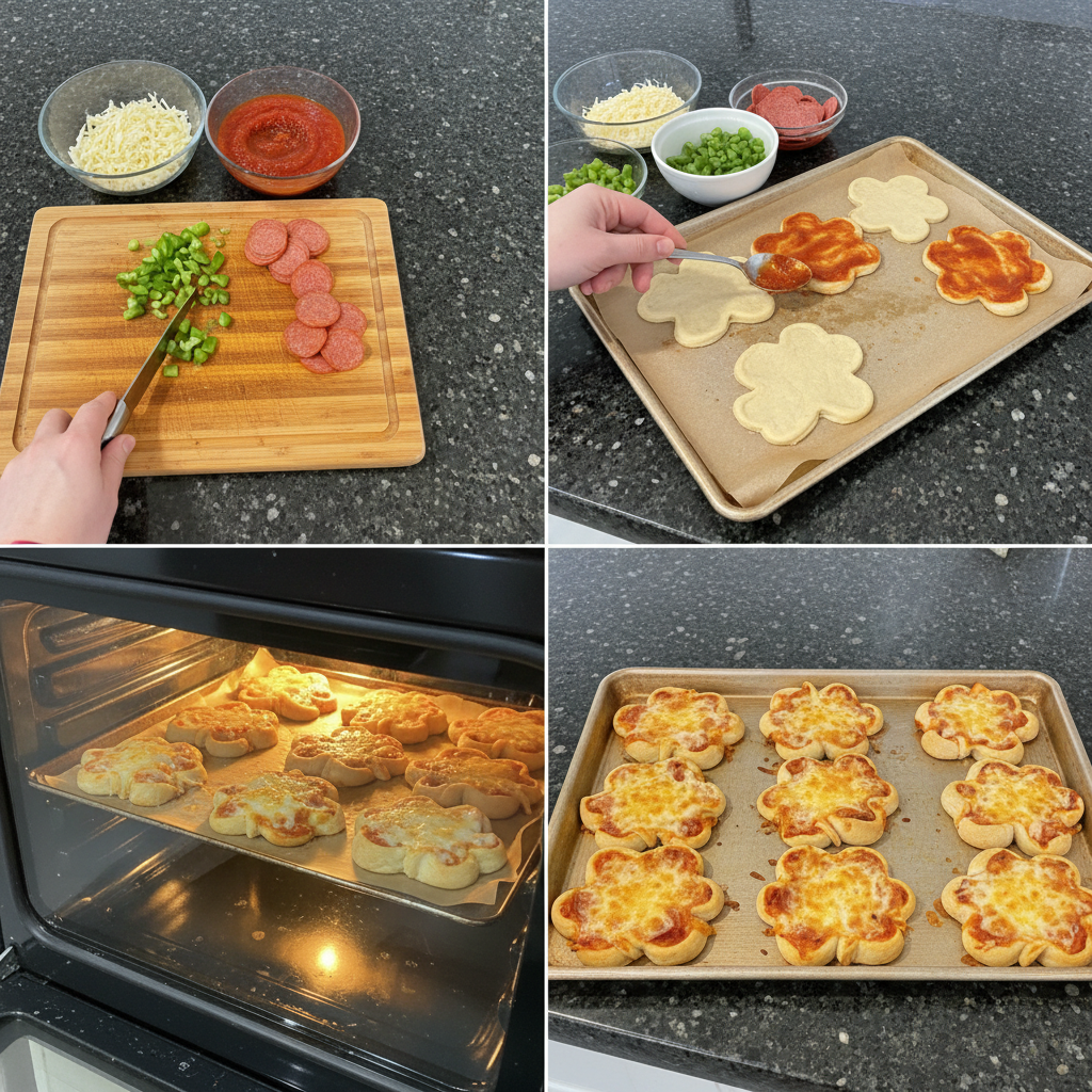 Hands carefully cutting pizza dough into festive shamrock shapes for the shamrock mini pizza.