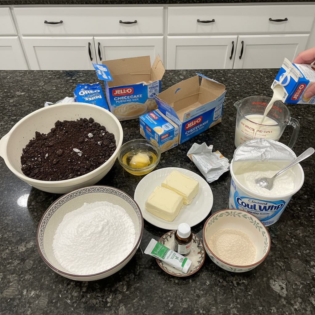 Various ingredients for Shamrock Shake Dessert Lasagna, including crushed cookies, cream cheese, pudding mix, and whipped topping, laid out on a counter.