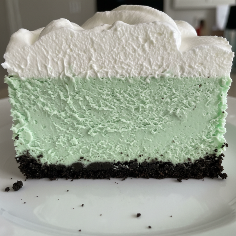 A vibrant green Shamrock Shake Dessert Lasagna, layered with creamy mint filling and whipped topping, garnished with sprinkles.