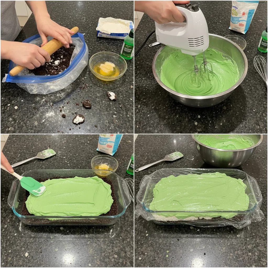 Hands spreading a creamy mint layer into a pan as part of the Shamrock Shake Dessert Lasagna preparation process.