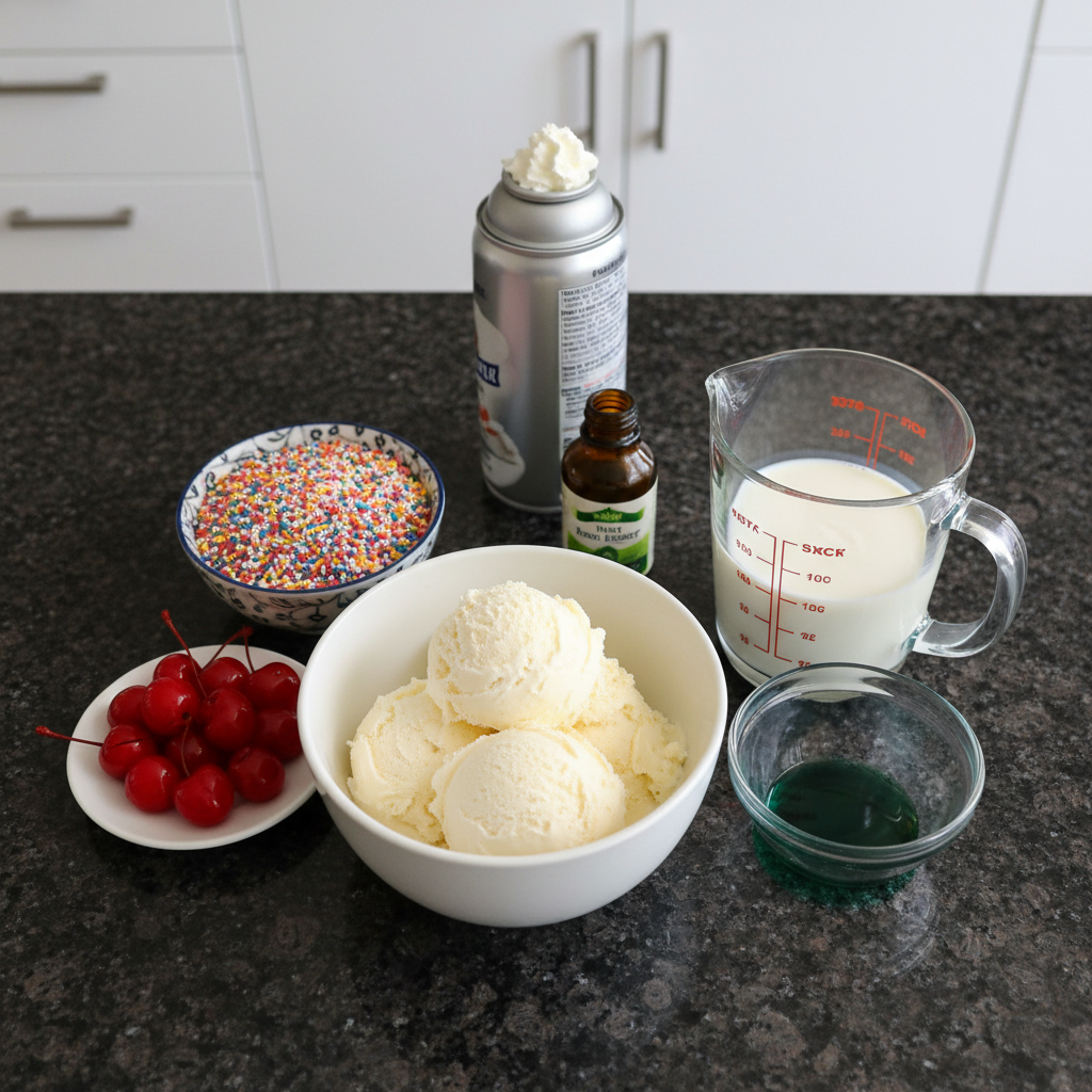 Fresh ingredients for a Shamrock Shake recipe, including vanilla ice cream, milk, mint extract, and green food coloring.