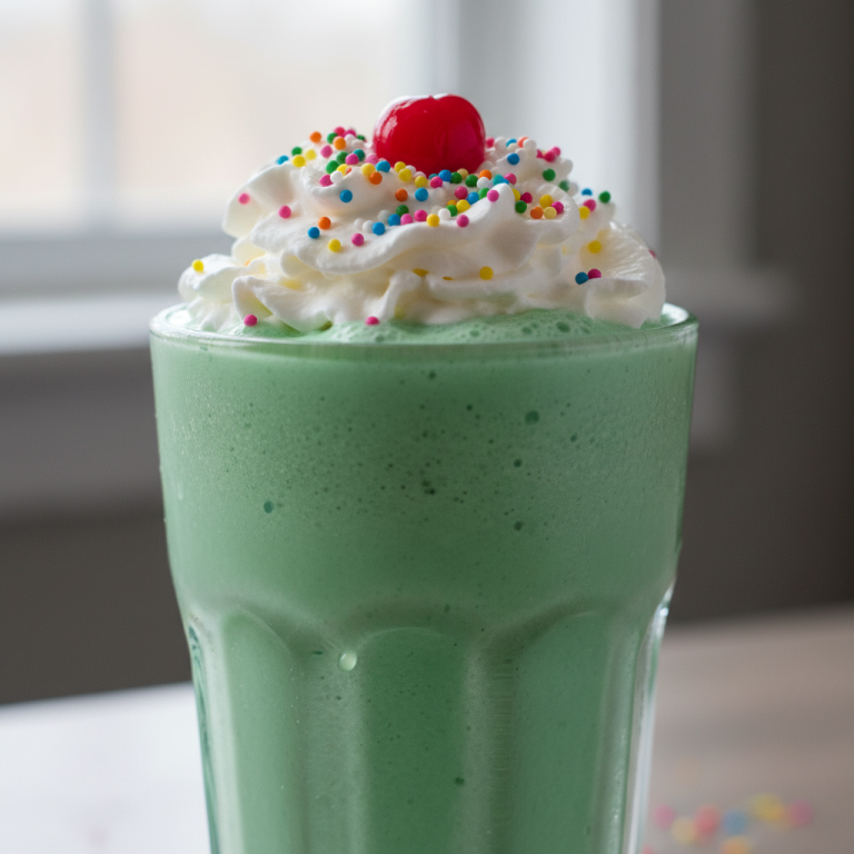 A vibrant green Shamrock Shake recipe, topped with whipped cream and a cherry, served in a tall glass.