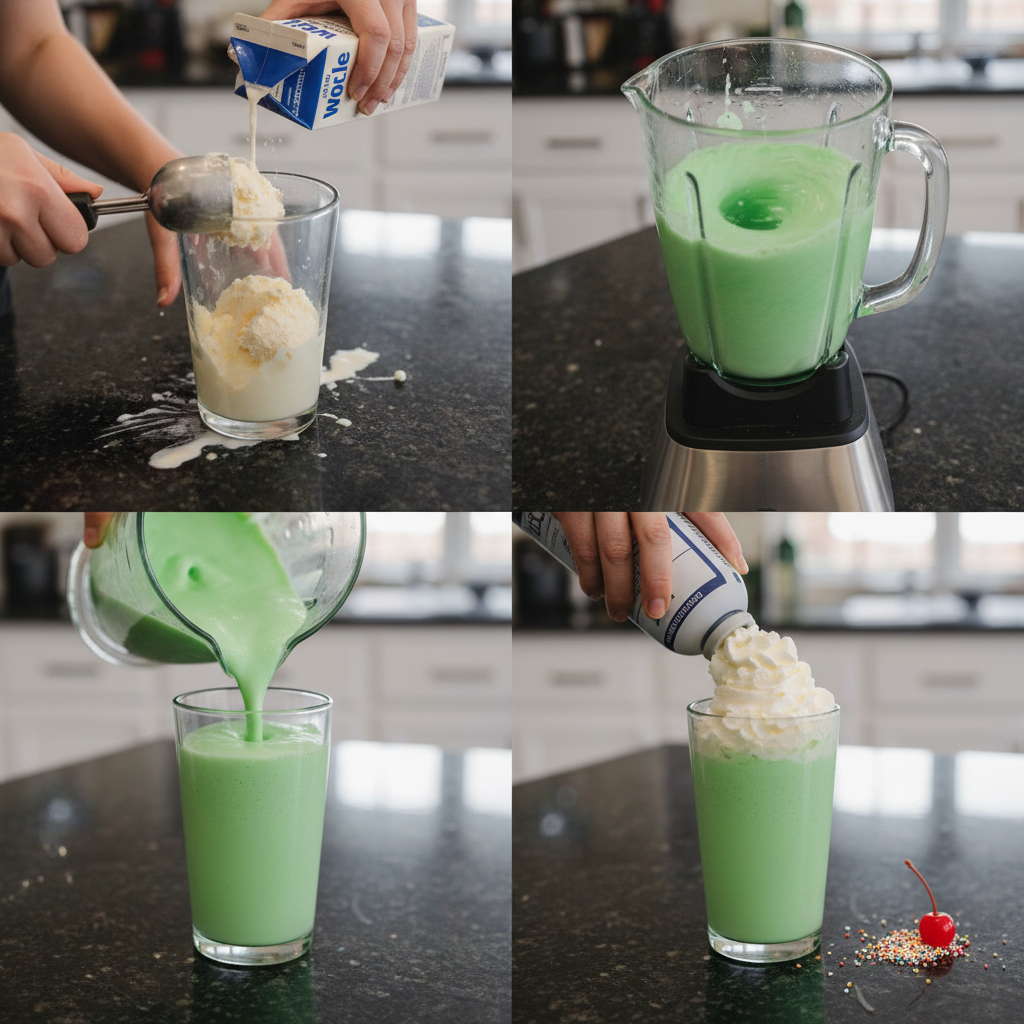 A blender mixing ingredients for a homemade Shamrock Shake recipe, showing the vibrant green liquid forming smoothly.
