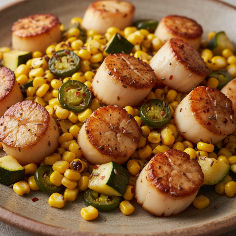 A vibrant Sheet Pan Scallops and Corn Supper, perfectly cooked and garnished with fresh herbs, ready to serve.