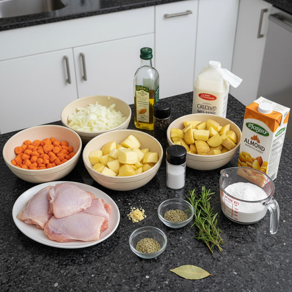 Fresh chicken, diced vegetables, and aromatic herbs laid out for slow cooker chicken stew preparation.