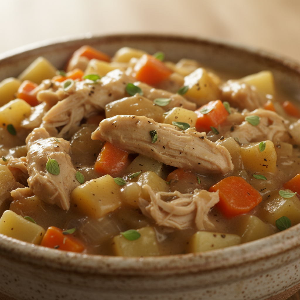 A steaming bowl of hearty slow cooker chicken stew, garnished with fresh parsley, ready to be enjoyed.