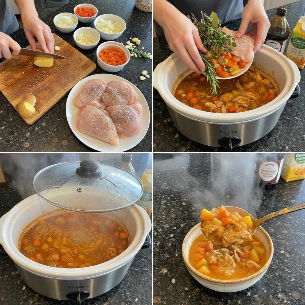 Chopped vegetables and chicken being added to a slow cooker for slow cooker chicken stew.