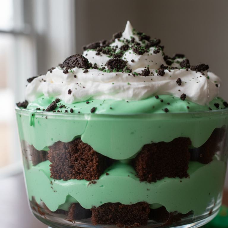 A beautifully layered ST. PATRICK’S DAY BROWNIE TRIFLE with green whipped cream, chocolate brownies, and festive sprinkles.