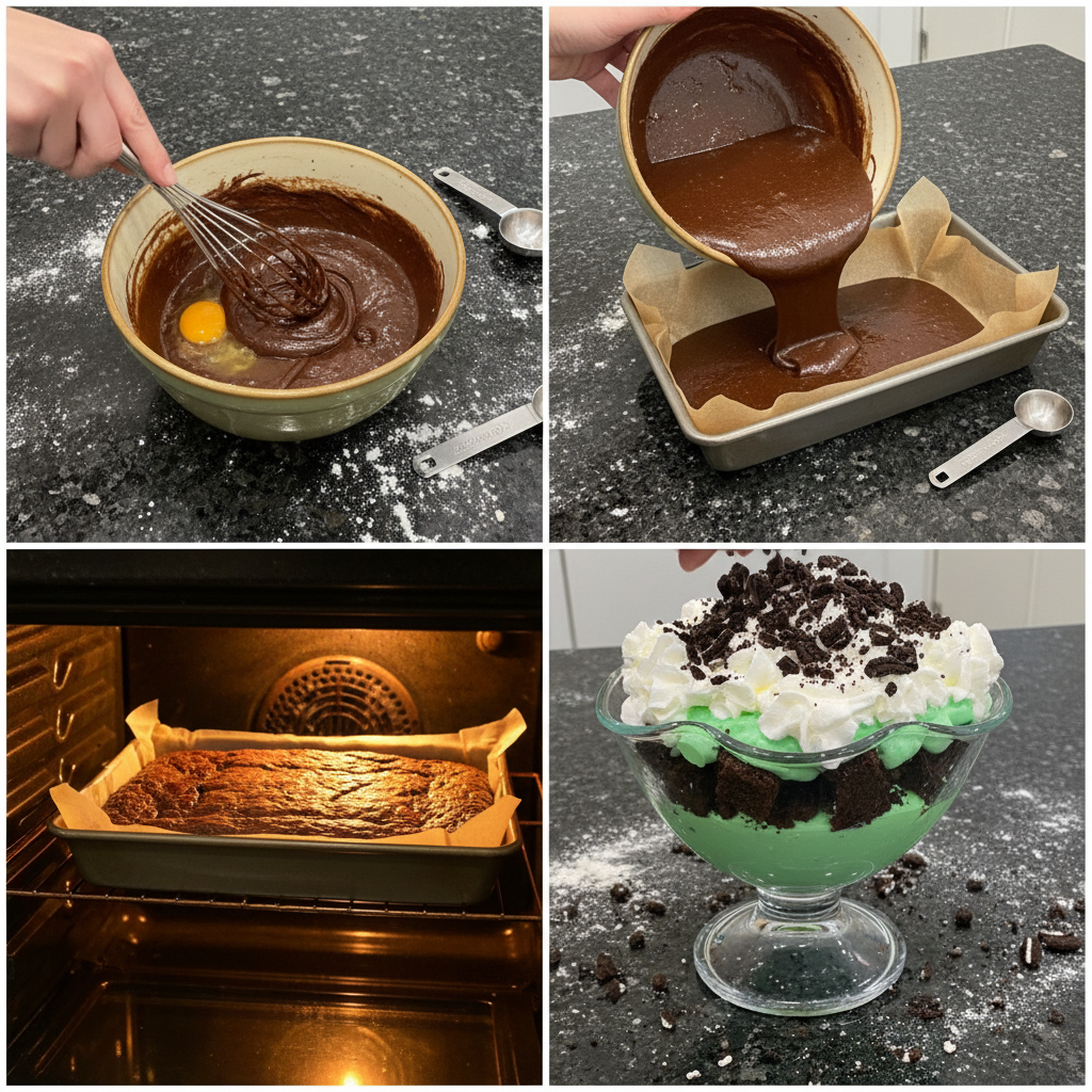 Hands expertly layering green whipped cream over fudgy brownie chunks for a festive ST. PATRICK’S DAY BROWNIE TRIFLE.