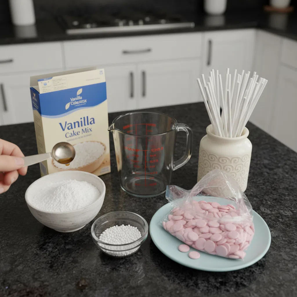 Various fresh ingredients for homemade Starbucks Cake Pops laid out on a kitchen counter.