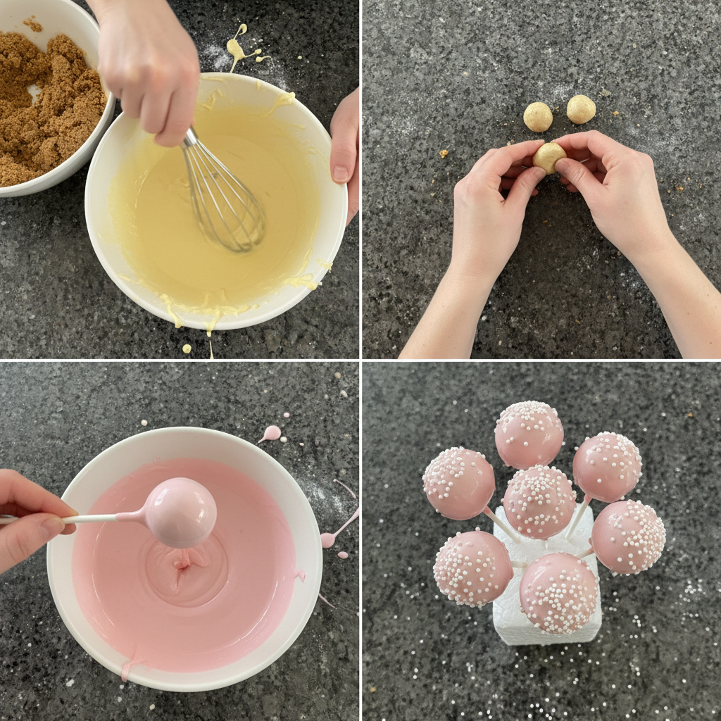Hands dipping cake balls into melted chocolate during the preparation of Starbucks Cake Pops.