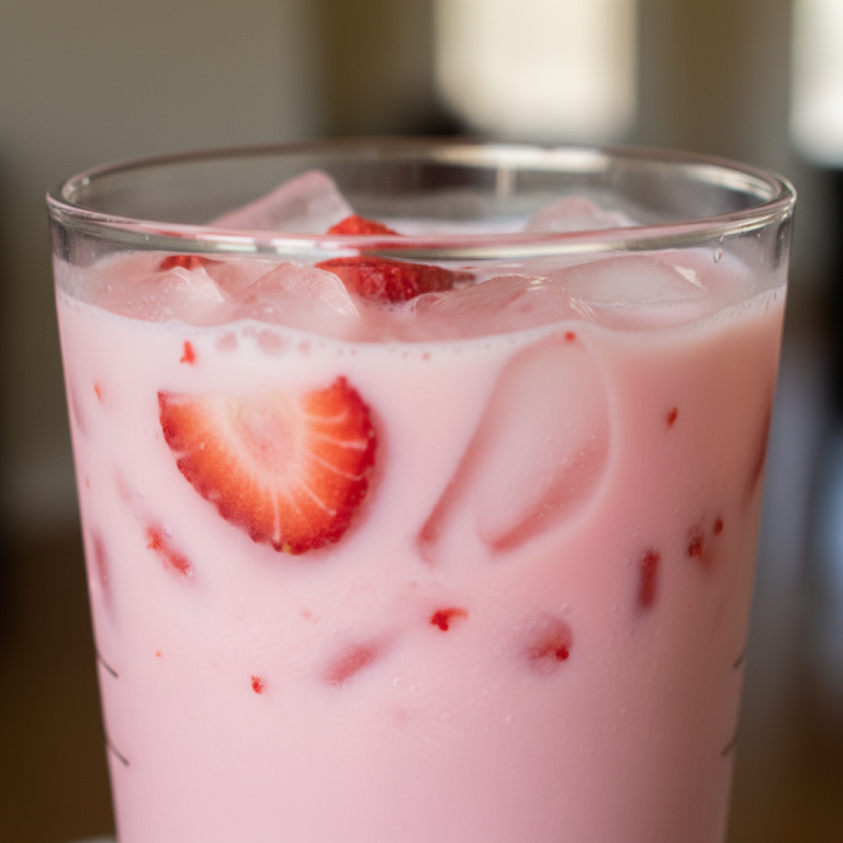 A vibrant Starbucks Pink Drink with sliced strawberries and ice in a clear cup, ready to be enjoyed.