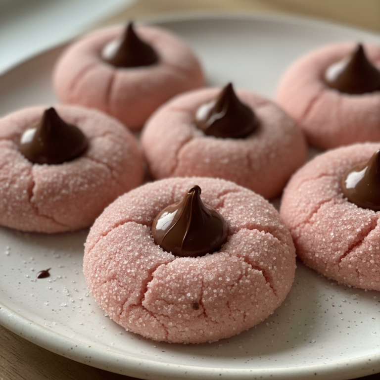 Soft pink strawberry kiss cookies with a melted chocolate kiss on top, glistening on a cooling rack.