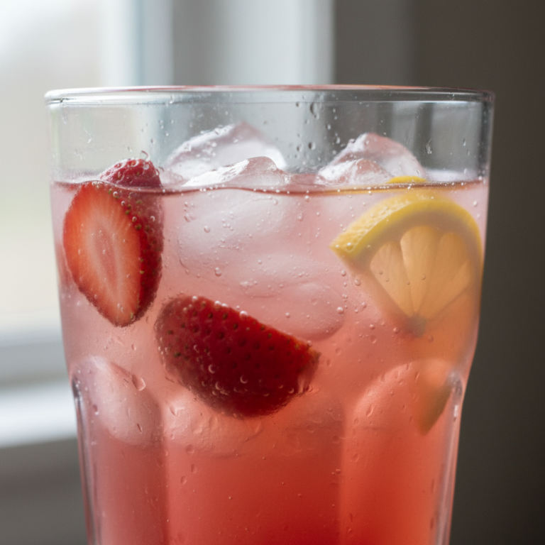A frosty glass of homemade strawberry lemonade, garnished with fresh strawberries and lemon slices, perfect for this refreshing Strawberry Lemonade Recipe.