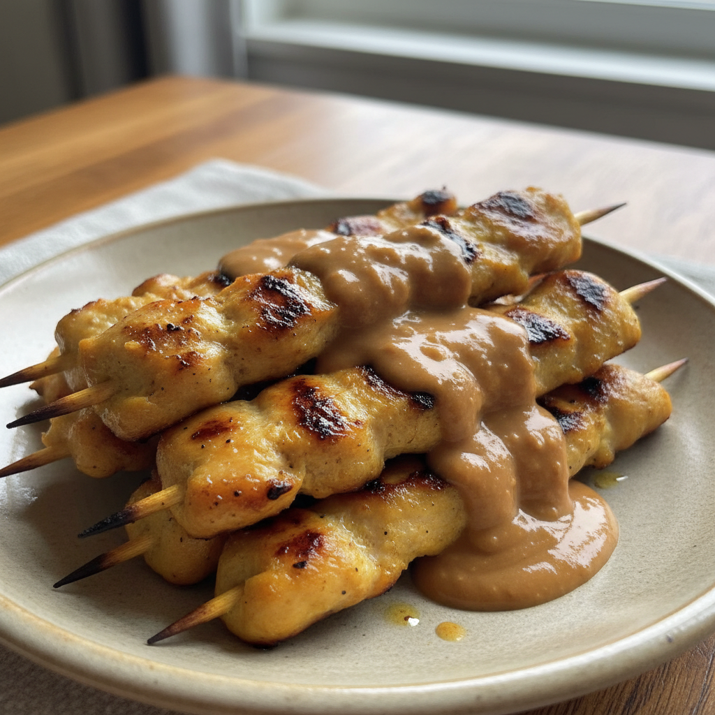 Golden grilled Thai Chicken Satay skewers, drizzled with rich peanut sauce and garnished with fresh cilantro.