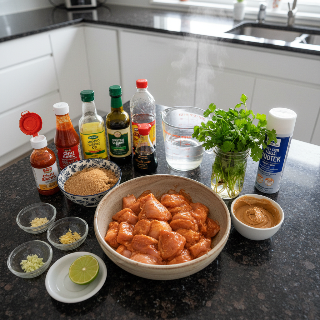 A vibrant collection of fresh herbs, spices, chicken skewers, and creamy peanut sauce ingredients laid out for Thai Chicken Satay.