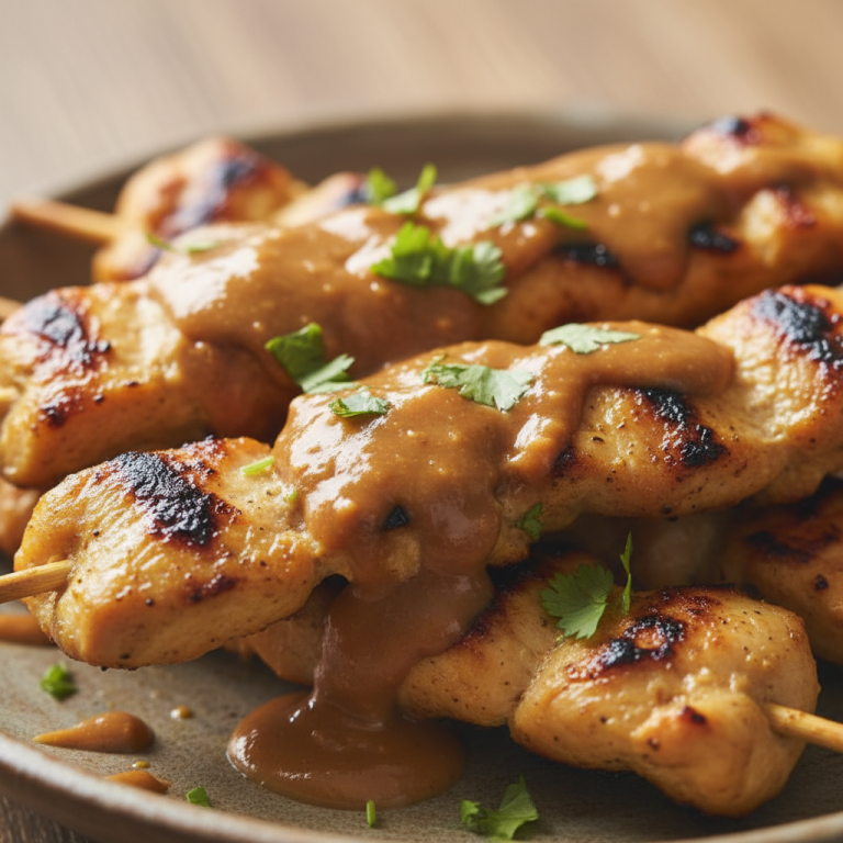Skewers of golden grilled Thai Chicken Satay, perfectly cooked and drizzled with rich, creamy peanut sauce, ready to be enjoyed.