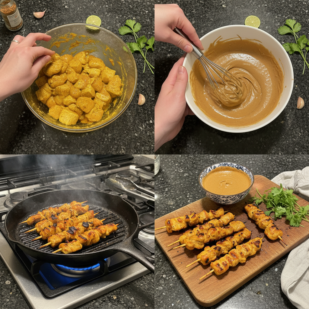 A hand is shown brushing a rich marinade onto raw chicken skewers, preparing them for delicious Thai Chicken Satay.