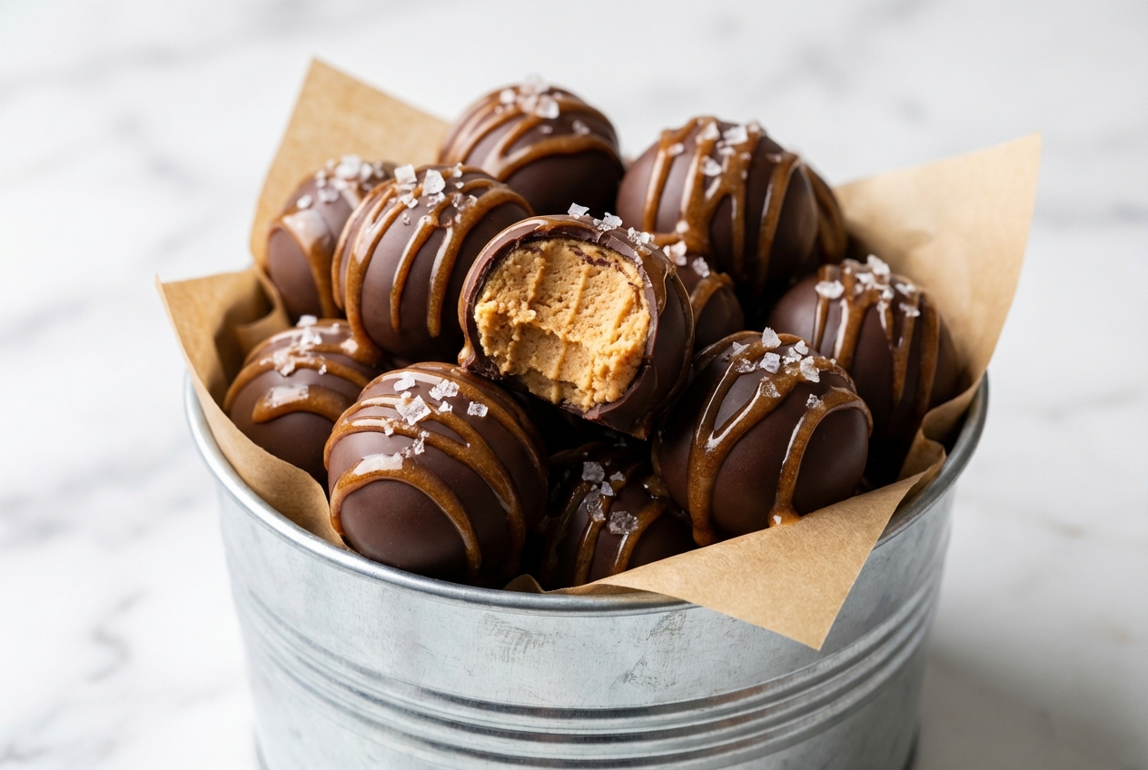 Peanut butter balls with toasted brown butter and smoked salt on a white marble surface in natural window lighting.