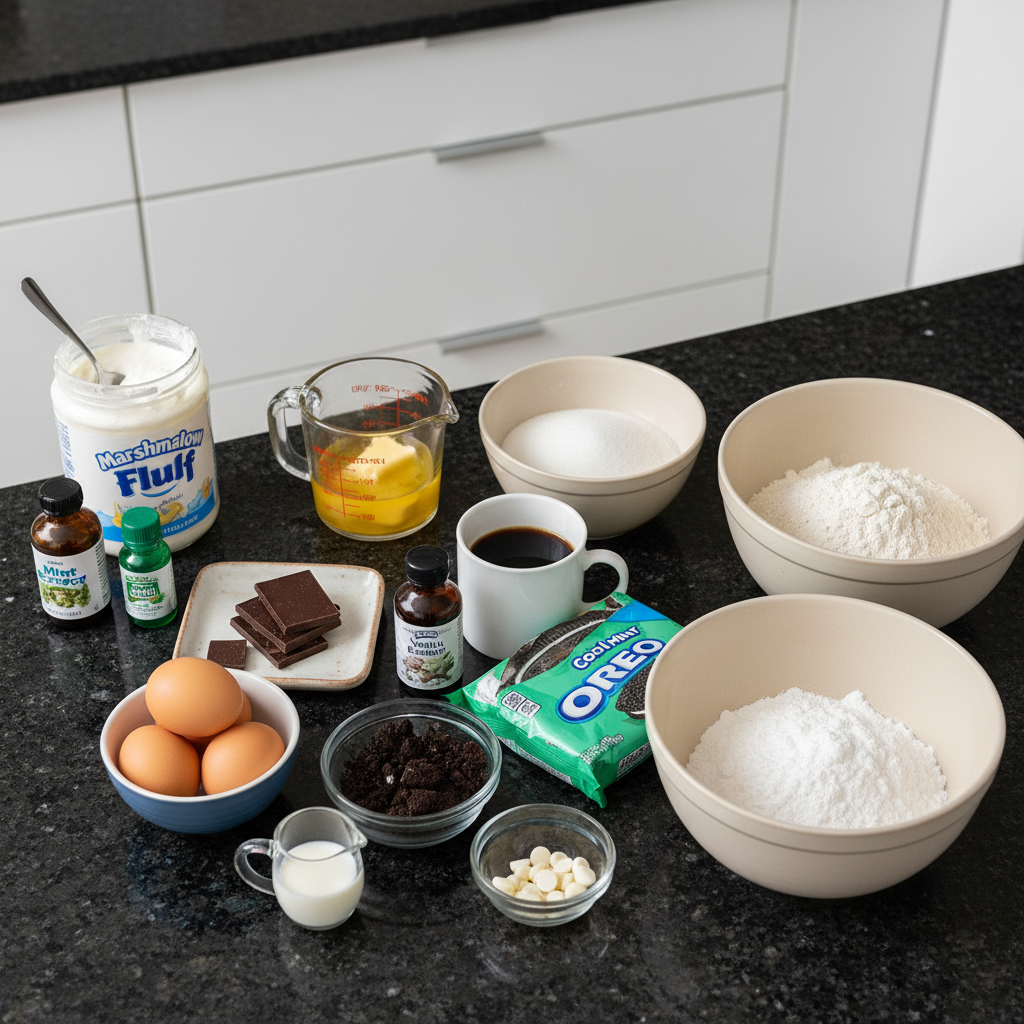 Various ingredients like flour, sugar, eggs, butter, mint extract, and Oreo cookies for Triple Layer Fudgy Mint Oreo Brownies.